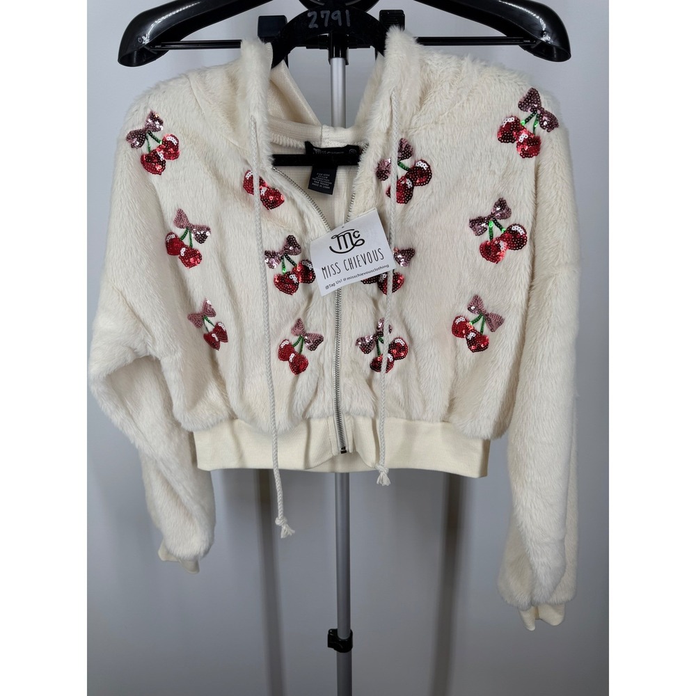 Miss Chievous Women Cream Faux Fur Sequin Cherry Cropped Zip Up Hoodie XS NWT